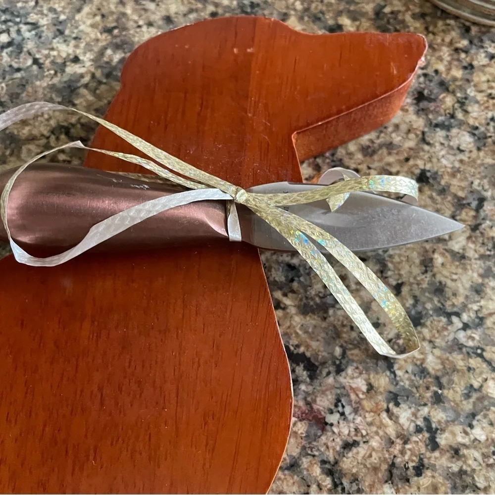 Dachshund Dog Dinner Wooden Charcuterie Platter with Brandani Inox Cheese Knife.
